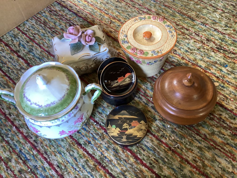 Japanese coasters, wooden bowl and sugar bowl