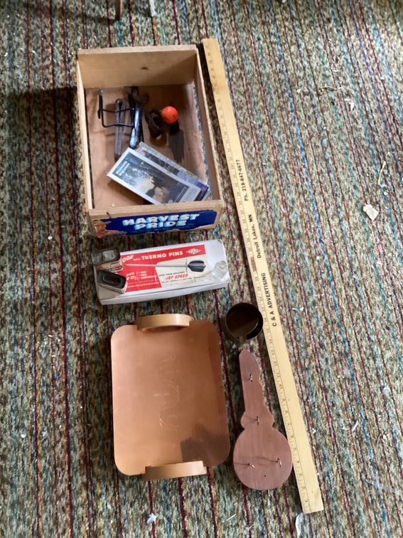 Wood crate, thermo pins, copper tray, yard stick and misc