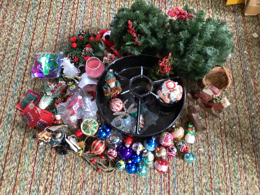 Collection of Christmas items including old ornaments