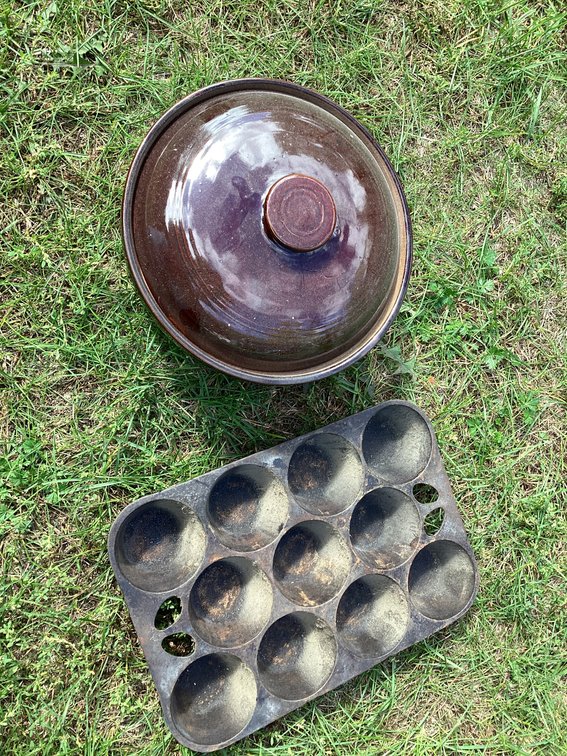 Ceramic bean pot and cast iron muffin pan