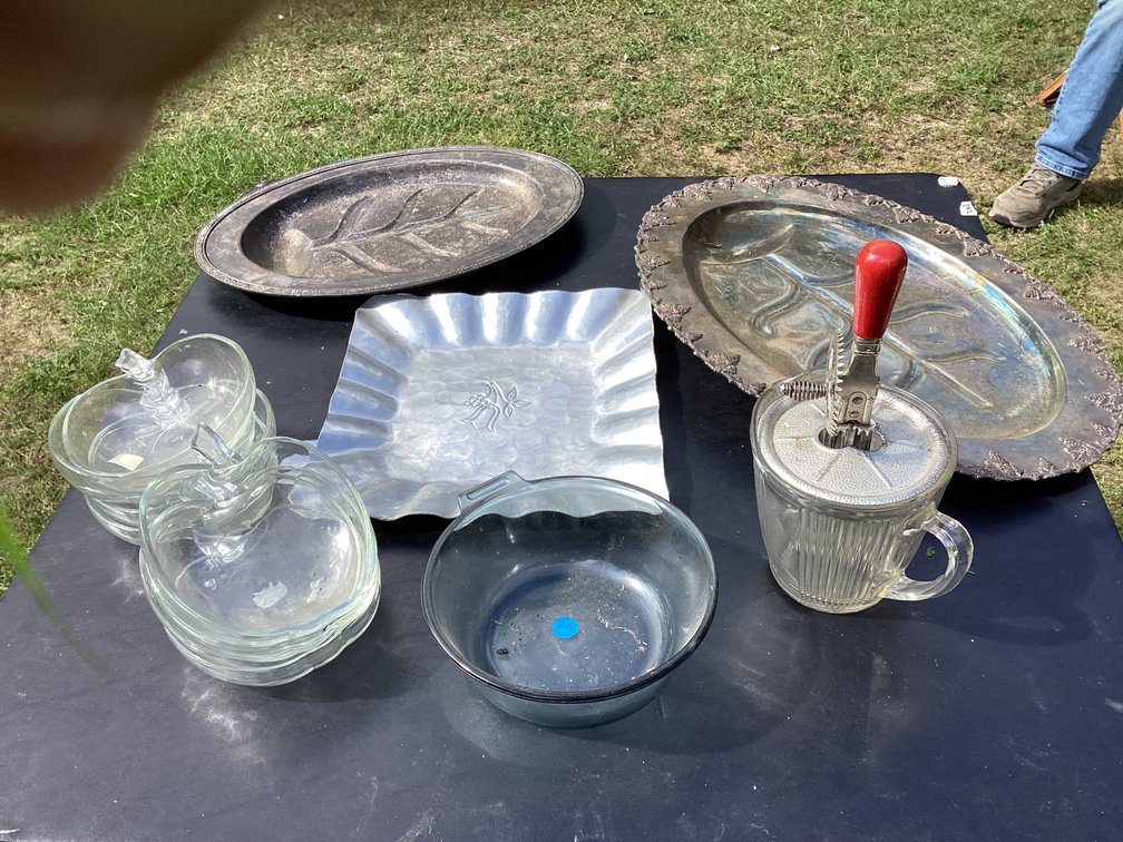 Antique hand blender with glassware and 3 metal trays