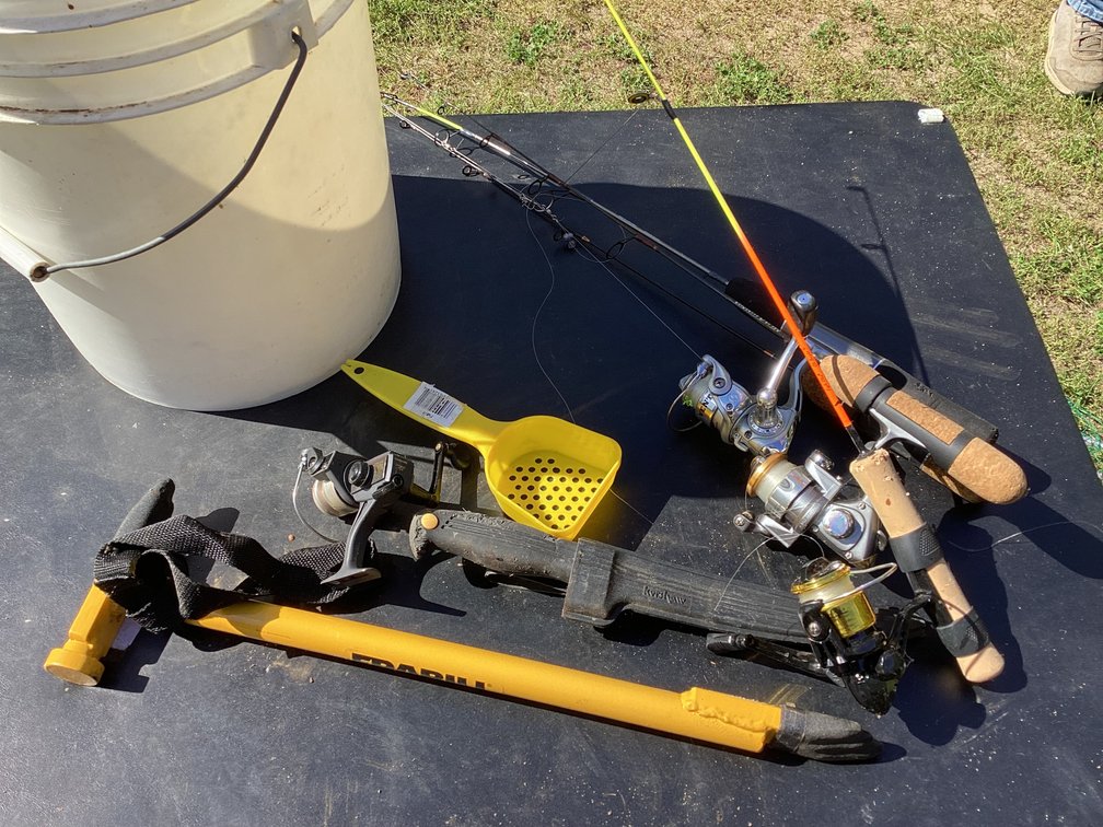 Bucket with winter fishing gear