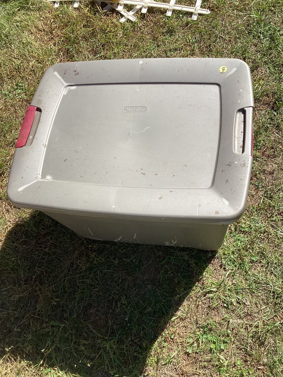Sterlite tubs with rain gear, 3 tarps
