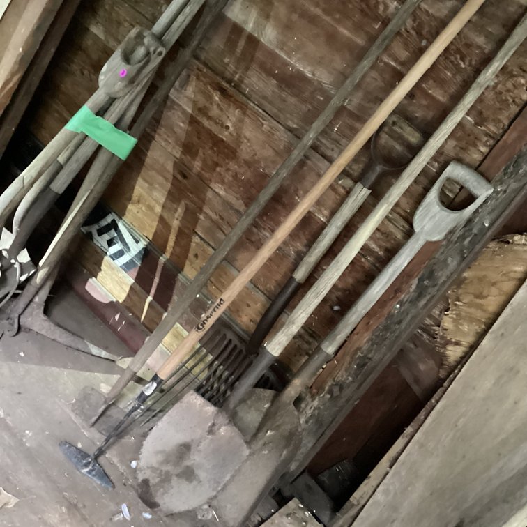 Fork, hoe, 2 shovels and a weed trimmer