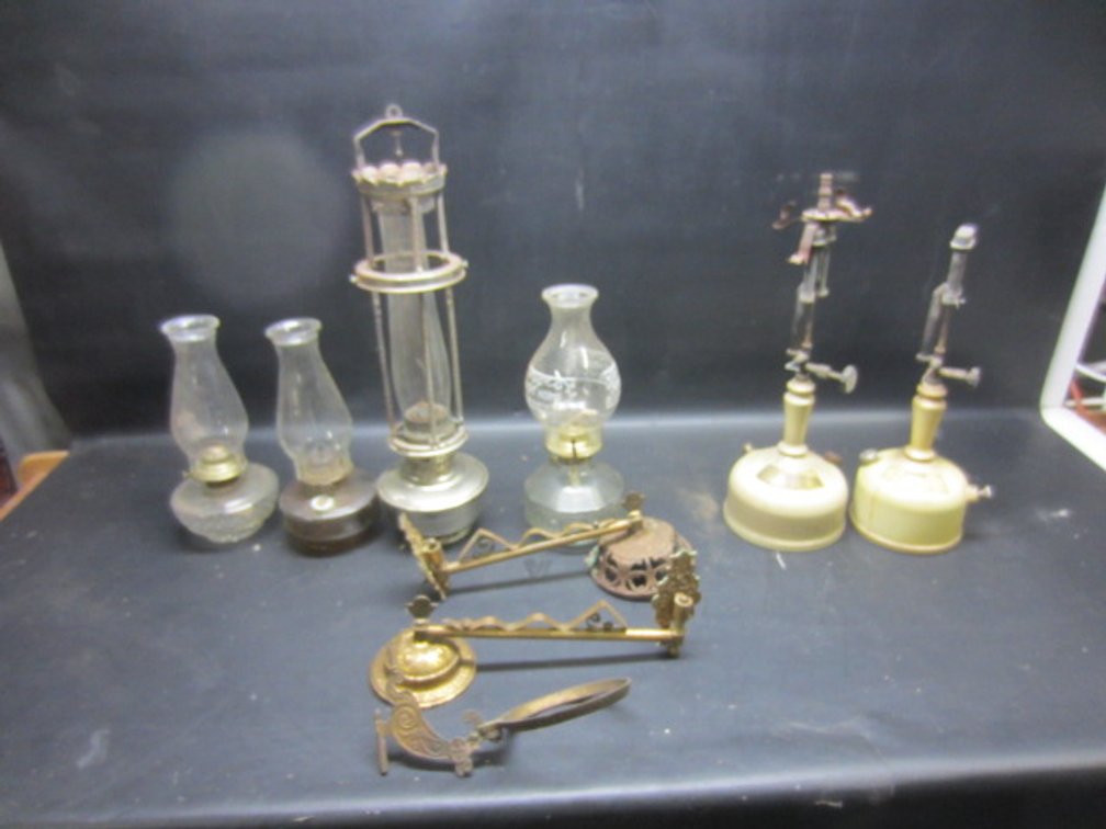4 OIL LAMPS W GLASS CHIMNEYS