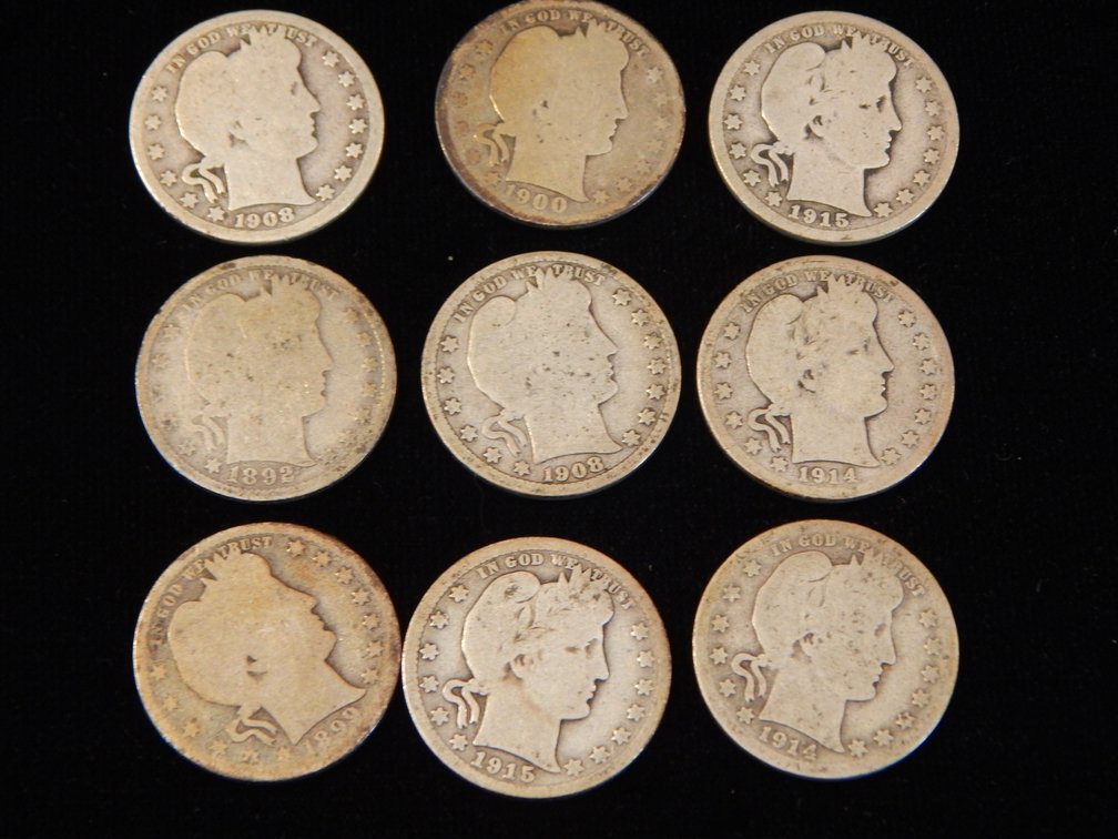 NINE pieces of Barber Quarters