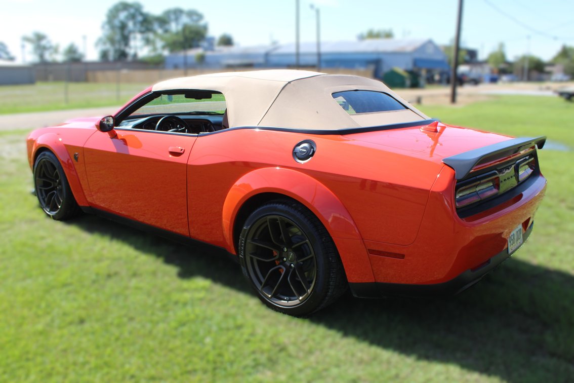 Rear three-quarter view of the custom convertible top on the Hellcat Widebody for sale at Henderson Auctions