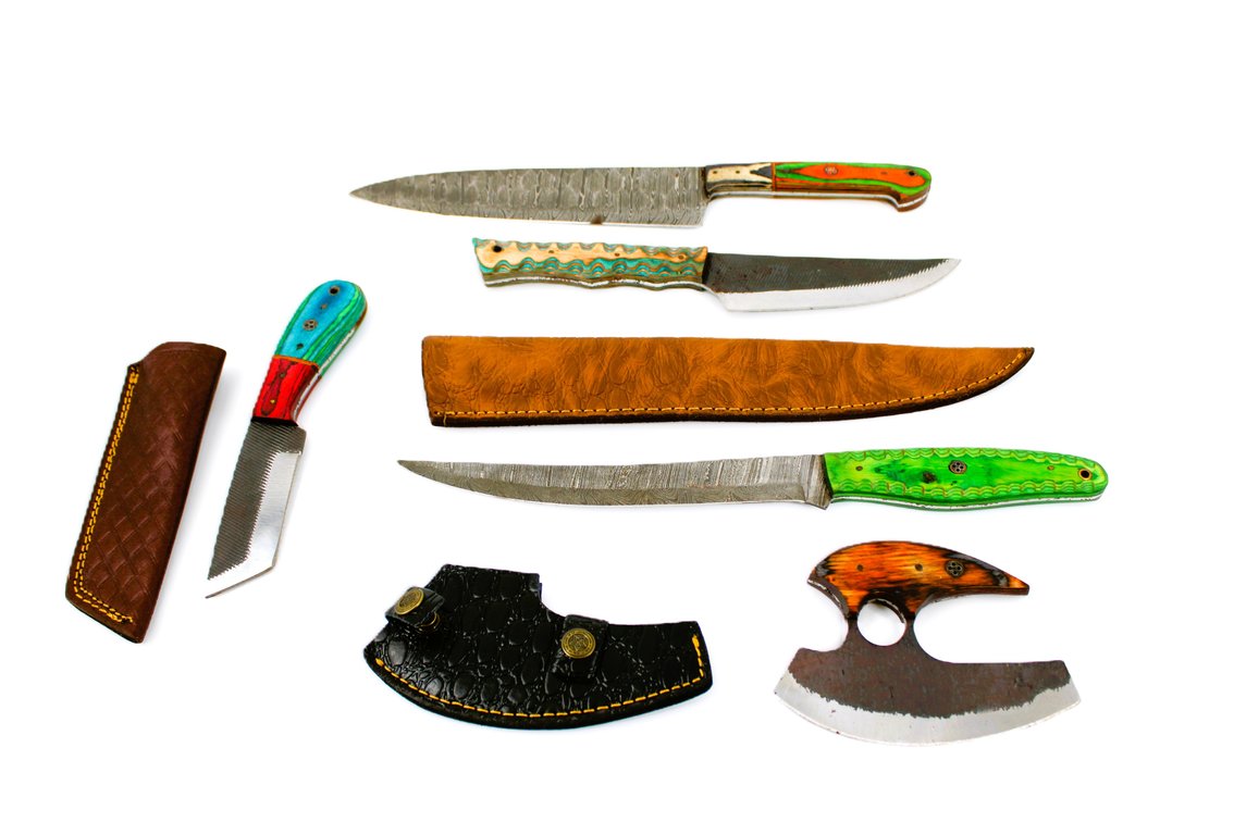 (5) HAND FORGED KNIVES & SHEATHS
