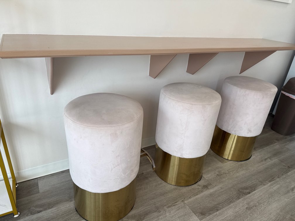 (3) LARGE UPHOLSTERED STOOLS AND FLOATING BAR TOP