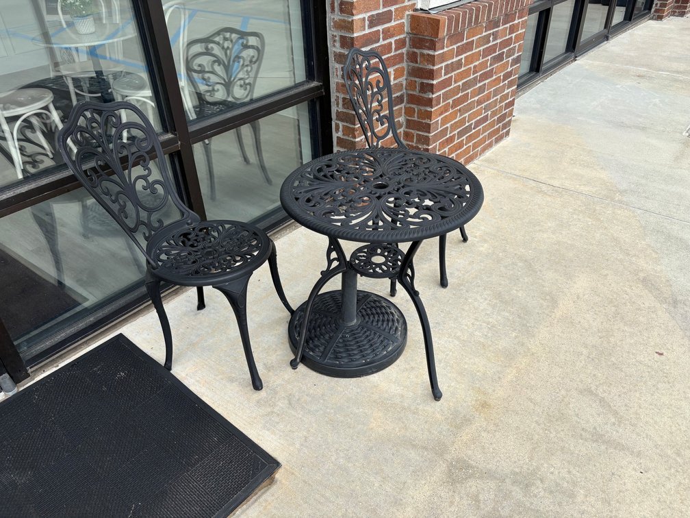 WROUGHT IRON TABLE, CHAIRS, AND (1) UMBRELLA