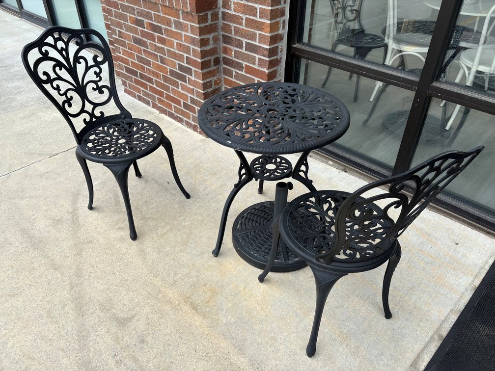 WROUGHT IRON TABLE, CHAIRS, AND (1) UMBRELLA