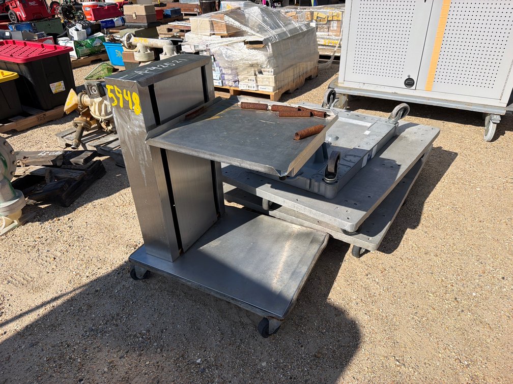 STAINLESS STEEL ADJUSTABLE CART, SMALL FLAG CART, AND (2) LARGE FLAG CARTS