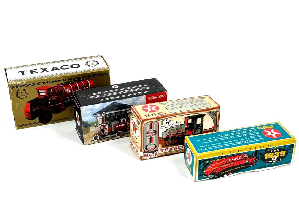 (4) FOUR VINTAGE TEXACO METAL COIN BANKS IN ORIGINAL BOXES