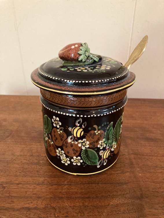 Hand Made Swiss Art Pottery Jam Jar w/Rogers SP Gold Tone Spoon Signed by Artist