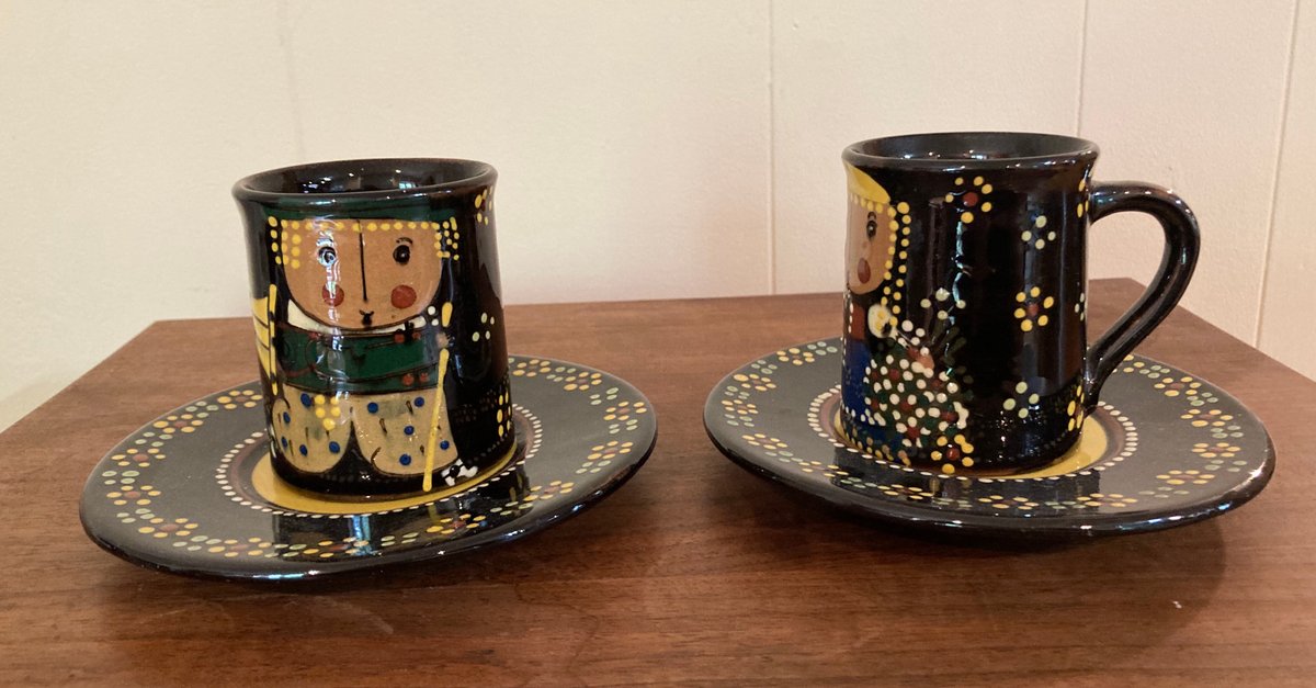 Hand Made Swiss Art Pottery Teacups and Saucers Signed by Artist