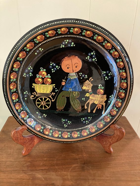 Hand Made Swiss Art Pottery Boy w/Cart Plate Signed by W. Aebi Hesle 12” - plate holder not included