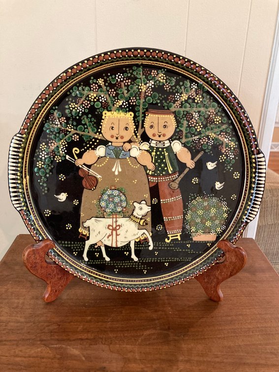 Hand Made Swiss Art Pottery Young Couple Plate 12” Signed by W. Aebi Hesle - plate holder not included
