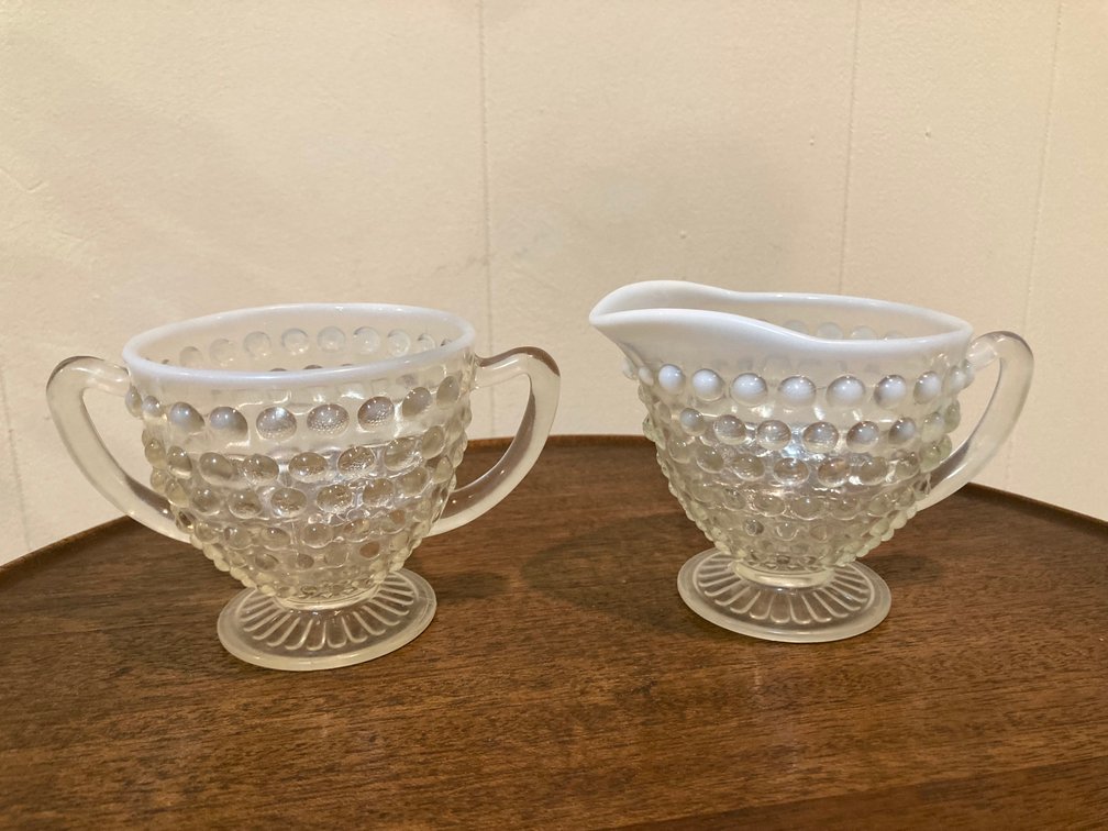 Vintage Anchor Hocking Moonstone Hobnail Creamer & Open Sugar
