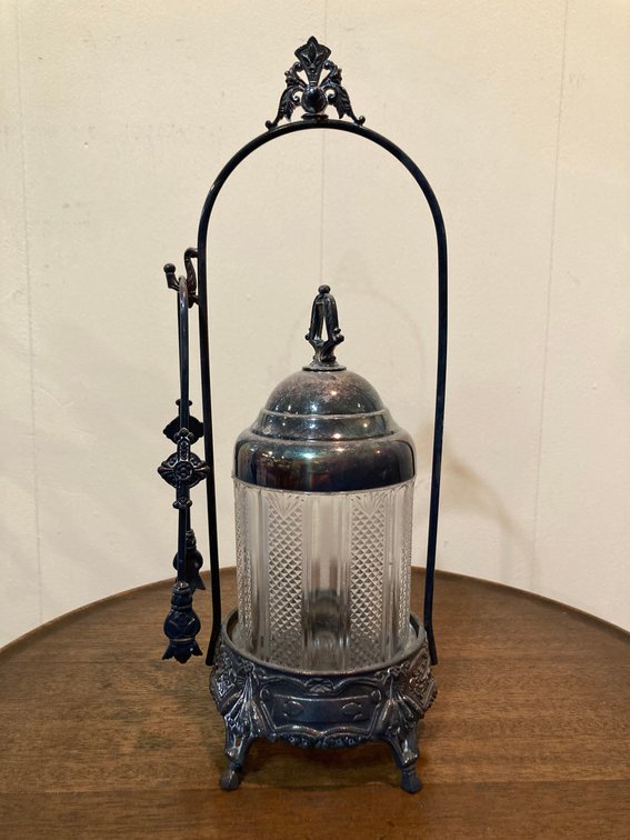 James W Tufts Silverplate and Glass Pickle Castor with Tongs #2361