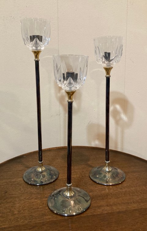 PM Italy Crystal and Silver Plate on Brass Stepping Candle Holders