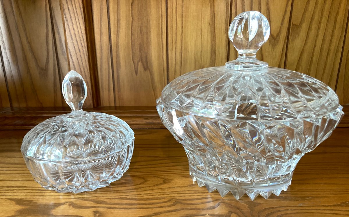 Two Heavy Cut Crystal Lidded Candy and Serving Bowls (no spoon) - 7” & 9”