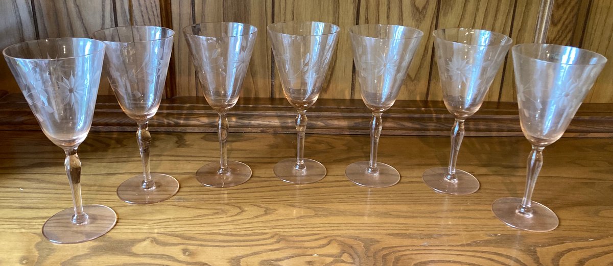 Vintage Pink Etched Depression Glass Stemware Lot of 7 - 7”