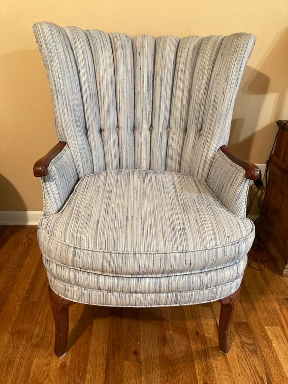 Vintage Channel Back Upholstered Chair, Light Blue with Threads of Navy & Brown