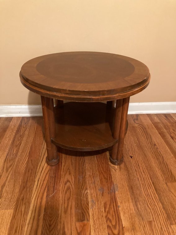 Vintage Small Round Two Tier Wooden Table 17”h x 22”diam 