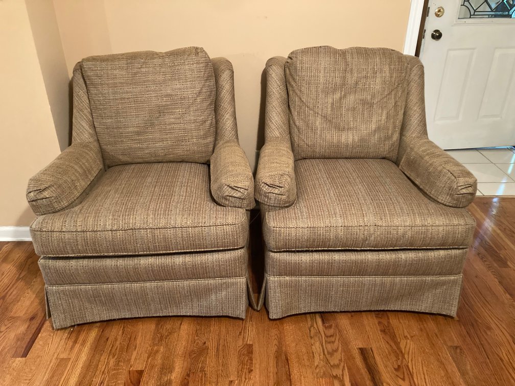 Two Matching Sherril Furniture Tan Armchairs with Threads of Red & Blue