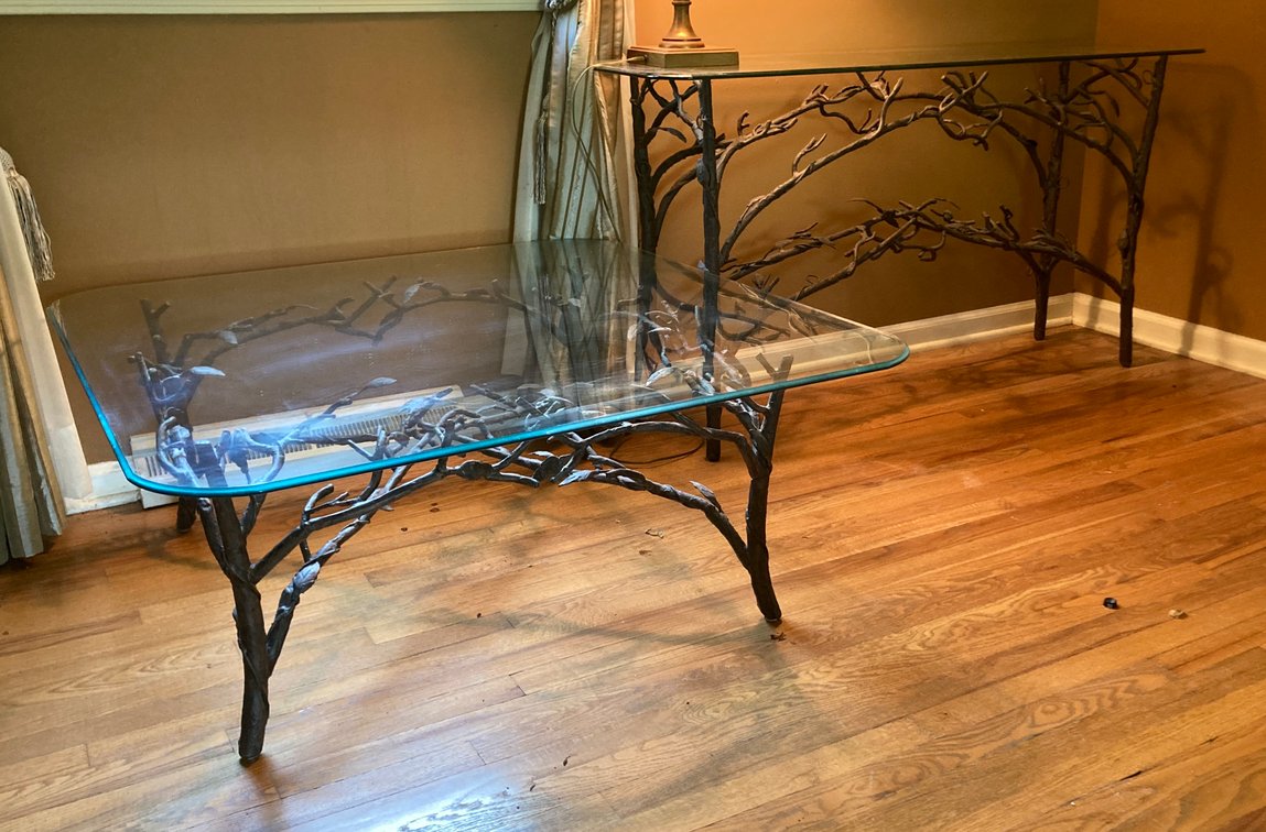 Iron Branch Console, Coffee and Two End Tables after Diego Giacometti - one chip on coffee table glass edge. Console=56”w x 29”h x 16”d; Coffee=40”w x 40”d x 16”h; End Tables=27”w x 27”w x 23”h