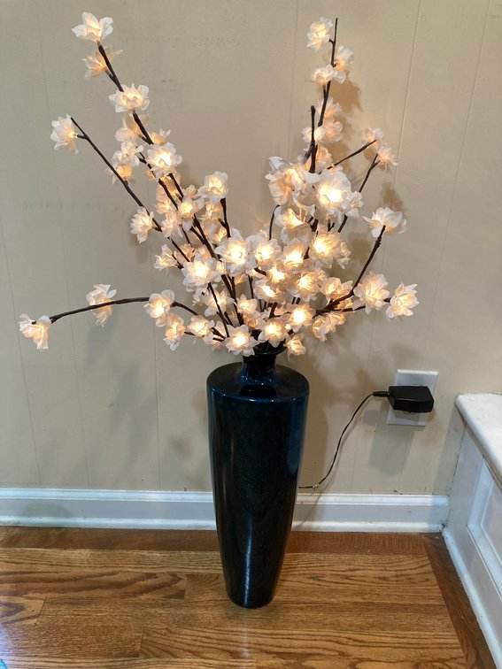 Tall Metallic Blue Ceramic Vase with Lighted Flowers 39”
