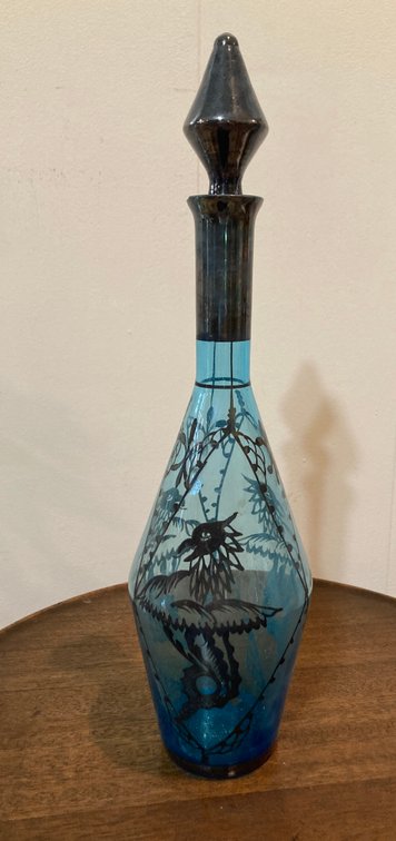 Vintage Blue Bohemian Czech Glass Decanter with Silver Overlay Dragon Design 18”