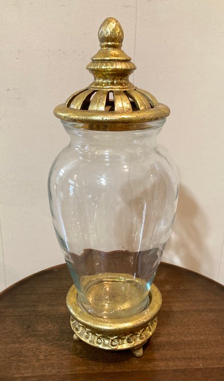 Glass Vase with Gold Leaf Dome Top and Base 14.5”
