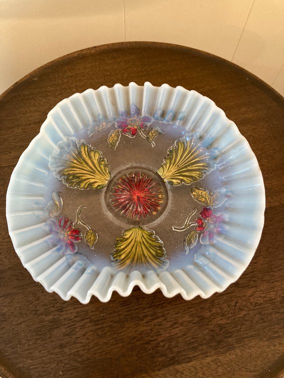 Opalescent Goofus Glass with Crimped Rim 9”
