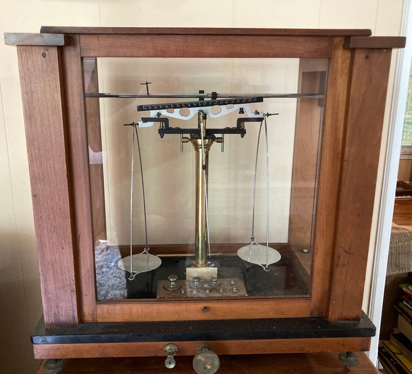 1926 Voland and Sons Student Analytical Scale with Weights, Slate Floor, Mahogany Wood 16.5”h x 16.25”w x 9.5”d 