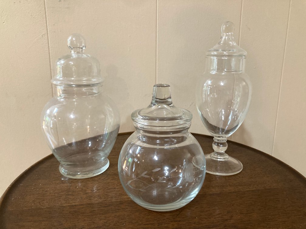 Lot of 3 Clear Glass Apothecary Jars, One with Floral Etching