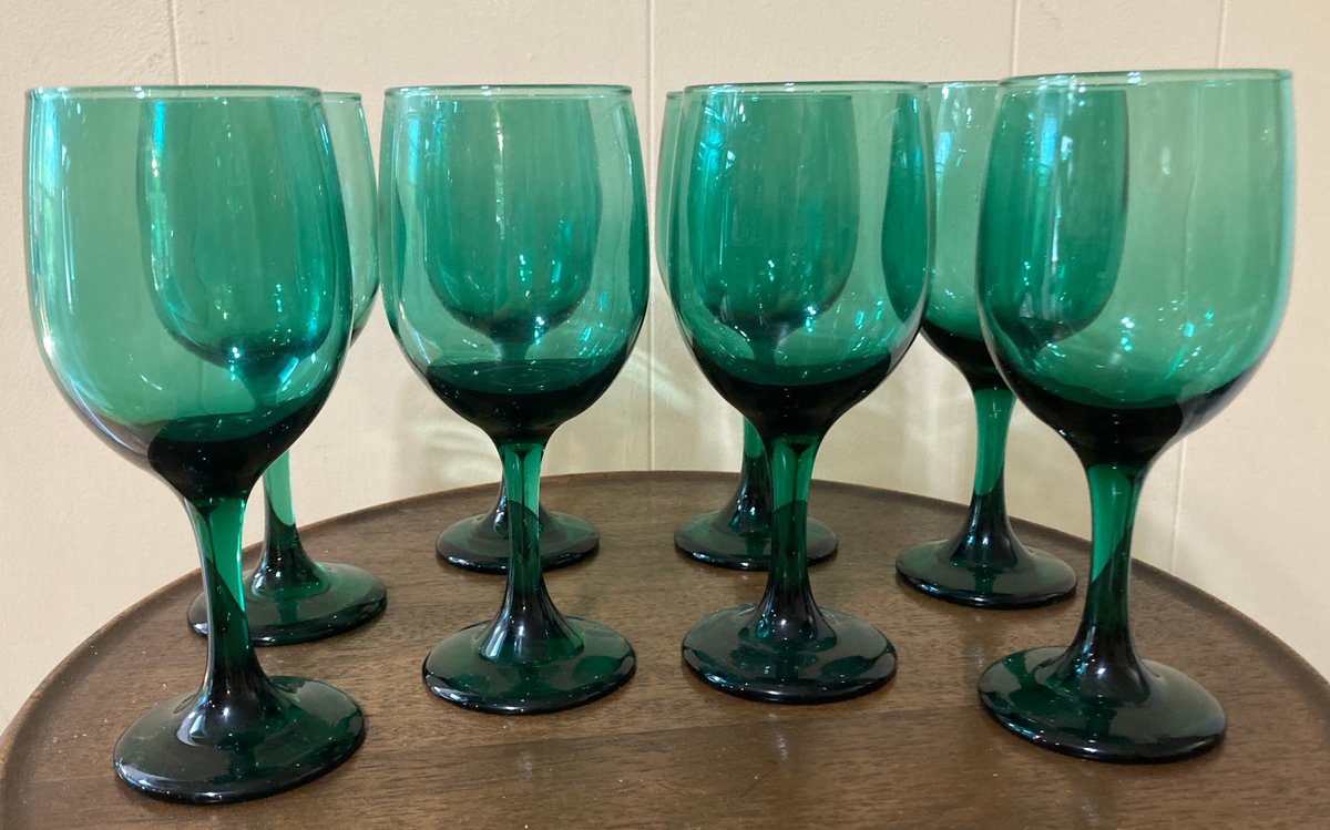 Lot of 8 Green Hand Blown Glass Wine Glasses