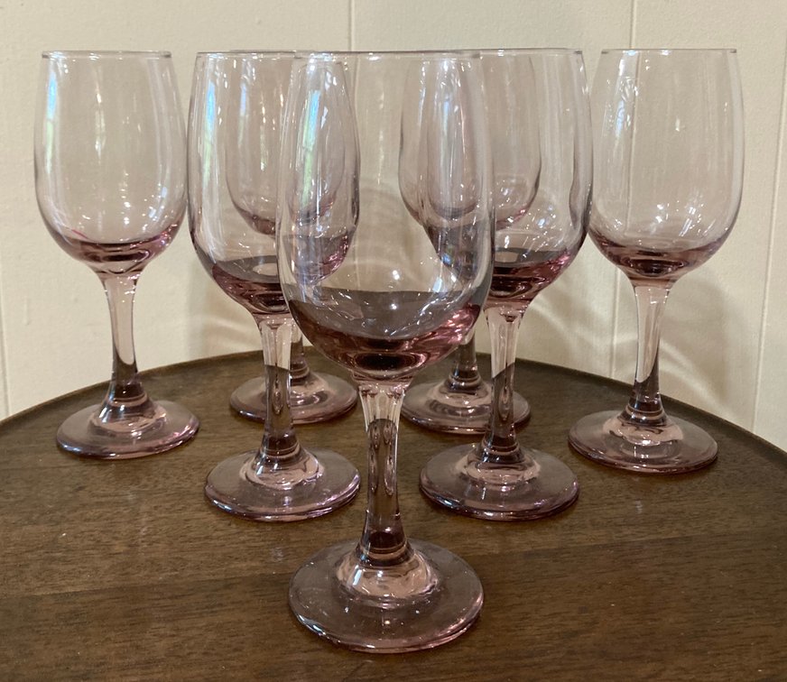Lot of 7 Pink Hand Blown Glass Wine Glasses