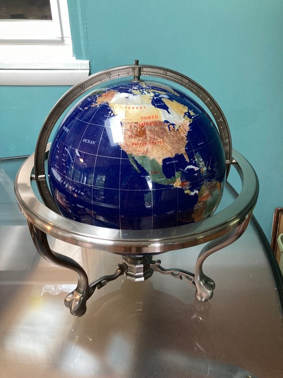 19” Blue Lapis Semi-Precious Gemstone World Globe w/Compass and Tripod Swivel Stand
