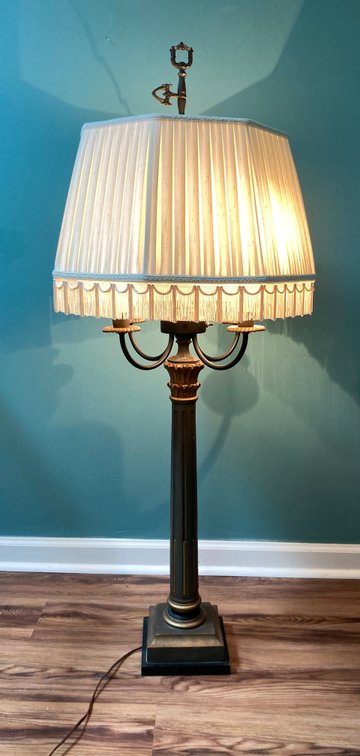 Tall Heavy Metal and Plaster 4 Bulb Lamp w/Fringe Shade 4’