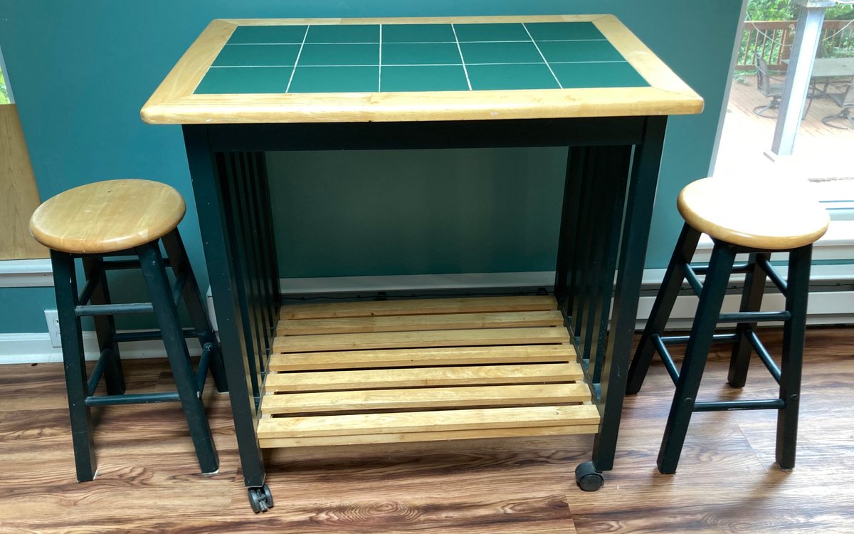 Tile Top Rolling Table with Two Stools 3’x3’x2’