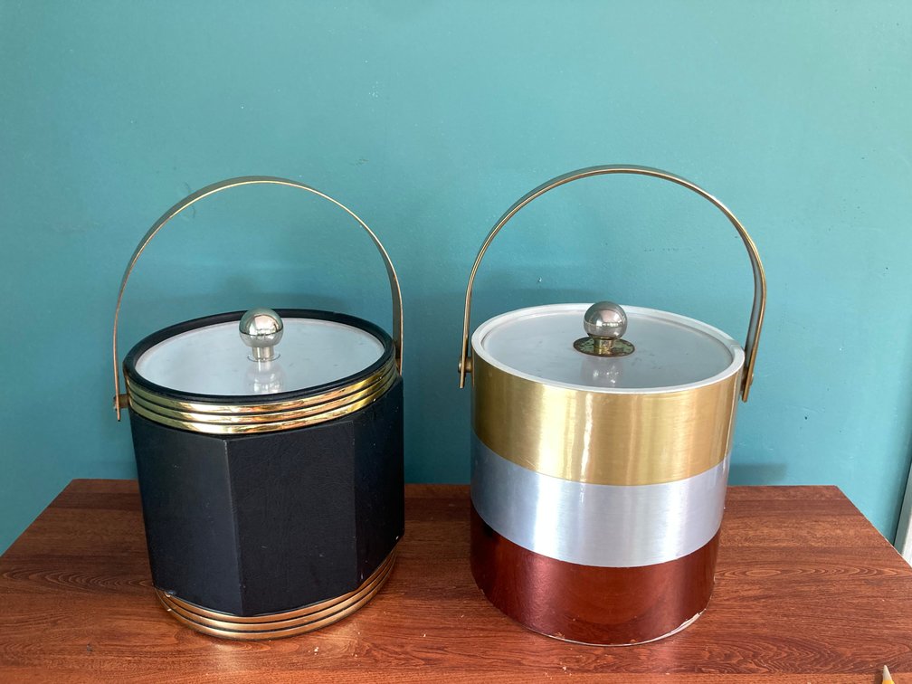 Vintage MCM Black & Gold Paneled and Shelton Ware Tri-Color Ice Buckets
