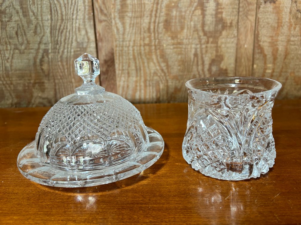 Cut Glass Small Vase and Cheese Dish