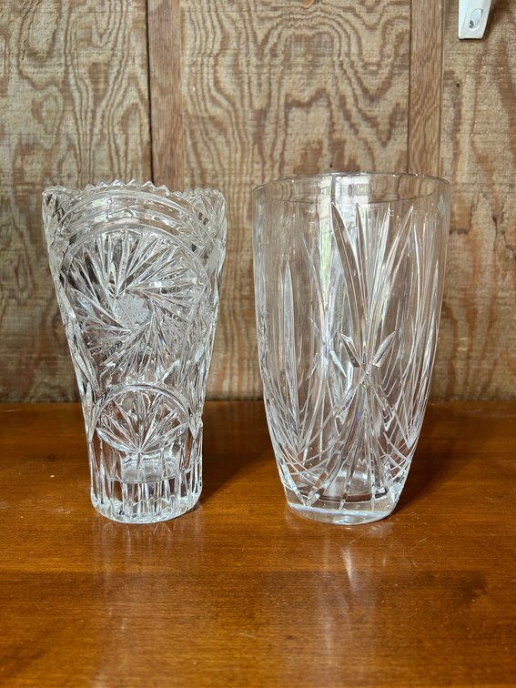 2 Cut Crystal & Glass Vases 8"