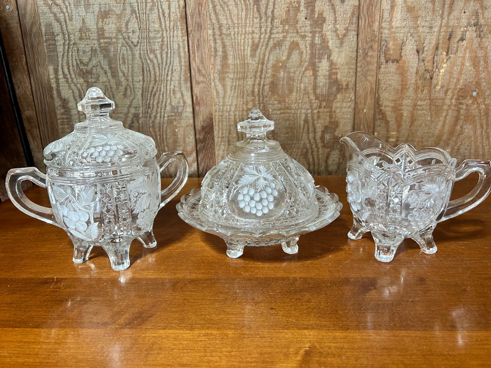 Cut Glass Grape Pattern Sugar, Creamer & Cheese