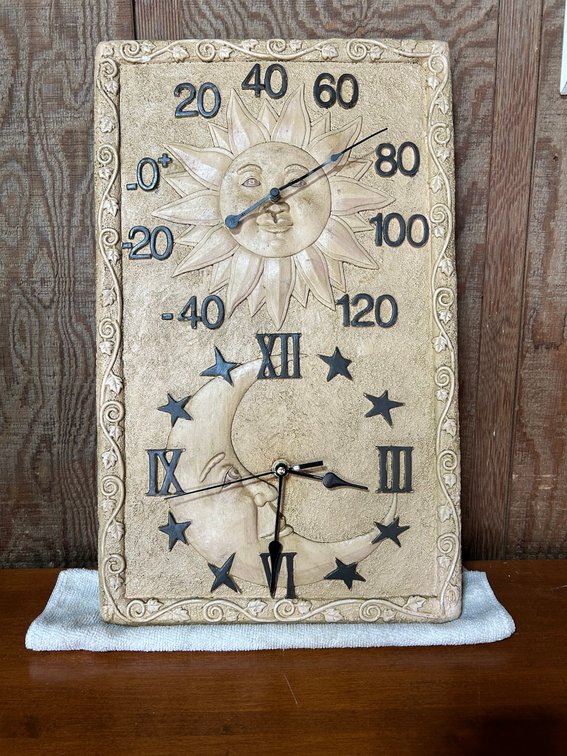 Concrete Sun and Moon Temp & Clock 18x11