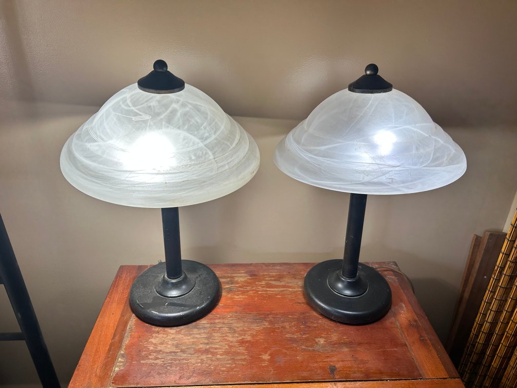 2 Metal Black Base Lamps with Frosted Mushroom Shades