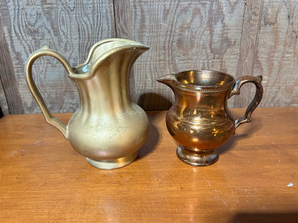 Gold Painted Milk Glass and Copper Lusterware Pitchers