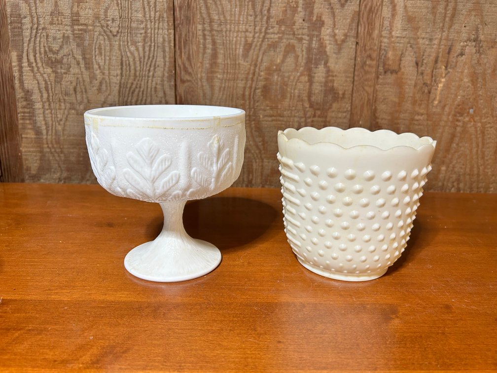 FTD Oak Leaf Milk Glass Bowl & Plastic Hobnail Planter