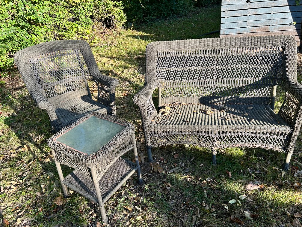 Vinyl Wicker Chair, Bench and Side Table